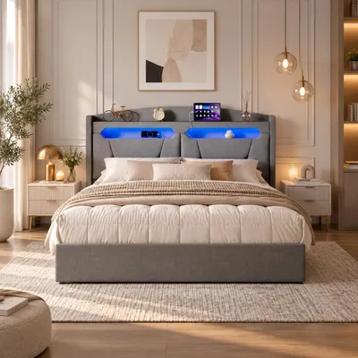 Produktbild von INONEFT Polsterbett 140x200 cm mit LED Beleuchtung, Hydraulisches Doppelbett mit Stauraum Kopfteil und USB Anschlüsse, Jugendbett, Leinen, Hellgrau, KI-generiertes Bild