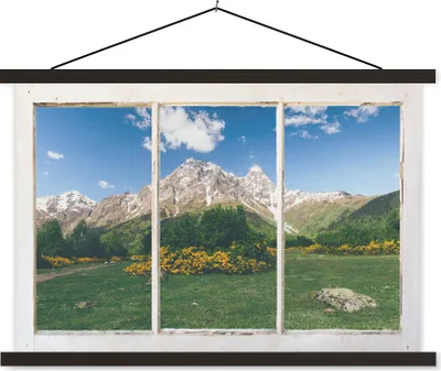Produktbild von MuchoWow® Textilposter Ausblick - Felsen - Blumen 90x60 cm mit schwarzem Rahmen - Aufhängungssatz