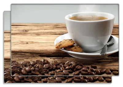 Produktbild von Wallario Frühstücksbrettchen 2er Set aus Glas, je 20 x 30 cm, mit rutschfesten Füßen, Motiv Heiße Tasse Kaffee mit Kaffeebohnen