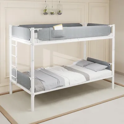 Produktbild von Etagenbett 90x190 cm aus Metall, teilbar in zwei Einzelbetten, abnehmbare Leinen-Stoffschutzgitter am Oberbett, Weiß