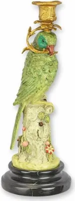 Produktbild von Casa Padrino Jugendstil Kerzenständer Papagei schaut nach rechts Grün / Gold / Schwarz H. 31 cm