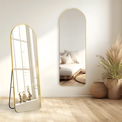 Produktbild von MIQU Bogen Standspiegel Ganzkörperspiegel 146 x 45 cm mit Ständer, Gold Matt Metall Rahmen Wandspiegel Lang Dekorative Groß Spiegel Wand Hänger