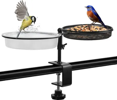 Produktbild von Vogelbad und Futterstation für Balkonbrüstungen - 2-in-1 Vogel-Futterspender - Vogelbad/Wasserbad - Futterplatz für Vögel im Garten oder auf dem Balkon