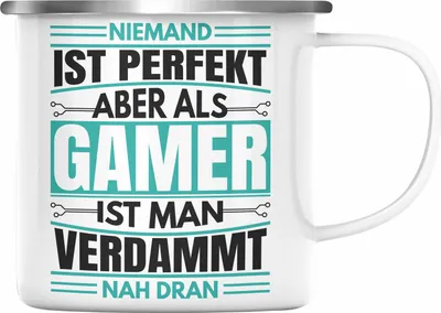 Produktbild von Trendation - Gamer Emaille Tasse Geschenk Niemand Ist Perfekt Zocker Geschenkidee für Jungs (Silber)