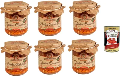 Produktbild von Delizia di Calabria, Bomba Calabrese, Italienischer Hot Saucenaufstrich, würziges italienisches Gewürz mit authentischem kalabrischen Chili, Feurige Hot Dip-Salsa 6x 180g + Italian Gourmet polpa 400g