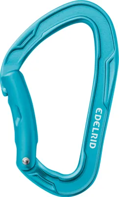 Blauer Schnappkarabiner "Mission Bent" von Edelrid; geeignet für Klettern.