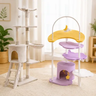 Productafbeelding van Twee pluchen krabpalen voor katten: een krabpaal met een maanvormig platform (158 cm) en een krabpaal met een sisalstang (140 cm)
