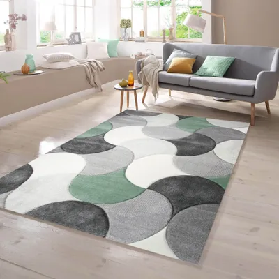 Image de Tapis design à motif de gouttes, vert, gris et beige - Dimensions : 80 x 150 cm