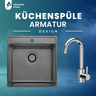 Immagine prodotto di VBChome Lavello in acciaio inox con rubinetto – 49x48x21 cm, grafite, struttura in lino – Lavello da incasso con foro per rubinetto, vasca grande Sifone – Rubinetto per lavello da cucina cromato