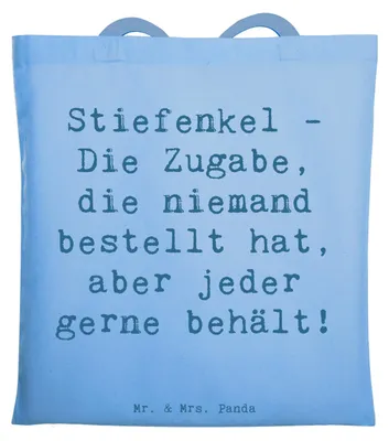 Produktbild von Mr. & Mrs. Panda Schultasche Spruch Stiefenkel Freude - Sky Blue - Geschenk, handgemacht, Jutebeutel, Überraschung, Familienzusammenhalt, Stieffamilie, Tasche, Großeltern