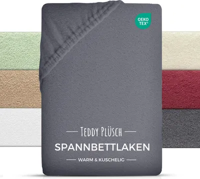 A folded fitted sheet is shown with multiple color swatches in the background.