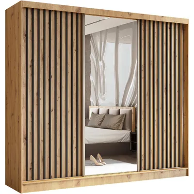 A sliding door wardrobe with a mirrored center panel and slatted wooden doors.