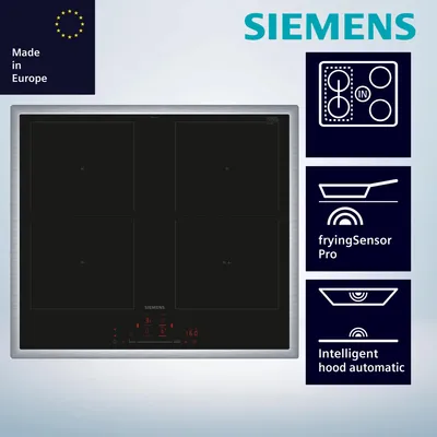 A Siemens induction hob is displayed prominently in the center of the image, with additional graphics on the right side highlighting features, and a 'Made in Europe' badge in the top left corner.
