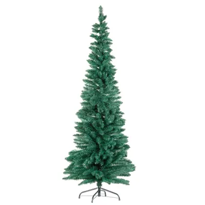 A tall, slender artificial Christmas tree on a metal stand, presented against a white background.