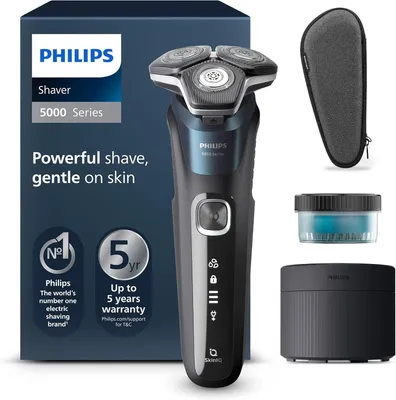 Produktbild von Philips Rasierer 5000 Herren S5889/50, Wet & Dry, SkinIQ-Technologie, ausklappbarer Trimmer, Reinigungsstation, Aufbewahrungstasche, Elektrisch, Blau