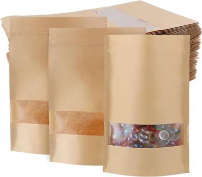 Obrázok produktu pre 60 ks papierových vrecúšok na navlečenie, vrecúška s uzáverom na zips – papierové obaly na potraviny s priehľadným okienkom