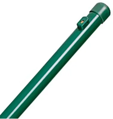 A green fence post with a cap and a small attachment is shown diagonally against a white background.