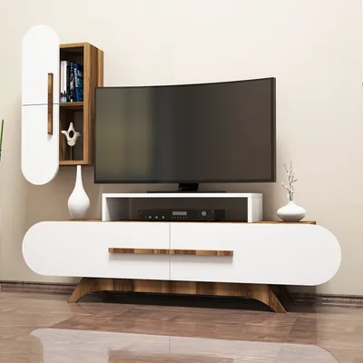 Produktbild von Skye Decor, Moderner TV-Schrank in Walnuss und Weiß, 145 x 49,8 x 36,8 cm | 100% melaminbeschichtete Spanplatte, 18 mm dick | Wandregal 35 x 60 x 22 cm, viele Regale, wandmontierbar.