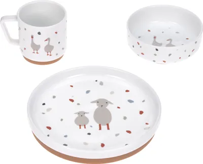 Zdjęcie produktu dla Zestaw naczyń LÄSSIG porcelanowy zestaw naczyń dla dzieci talerz miska kubek z silikonowym pierścieniem antypoślizgowe naczynia dla dzieci / Mały Farmer Owca / Gęś