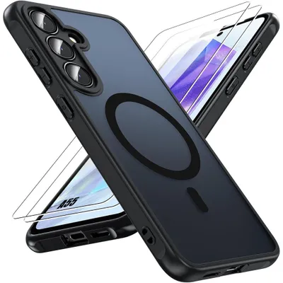 Image de Coque + 2 Verres Trempés pour Samsung Galaxy A55 5G, avec Anneau Magnétique et Vitre Caméra - Noir