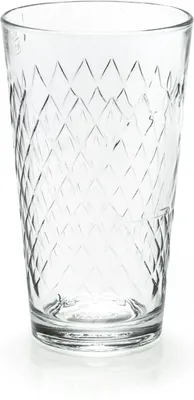 A clear glass tumbler with a diamond pattern.