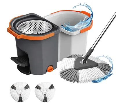Obrázek produktu pro Relaxdays Sada na vytírání podlah, 14,5 l kbelík a odstřeďovač, stohovatelná, s pedálem, rozměry: 27x30x54,5 cm, 2x mikrovláknové hlavice na vytírání, šedá barva