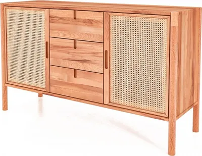 Produktbild von Kommode Zola Kernbuche massiv und Rattan 142x84 cm mit 2 Türen und 3 Schubladen