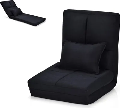 A product image showing a black floor chair in two configurations: folded and unfolded.