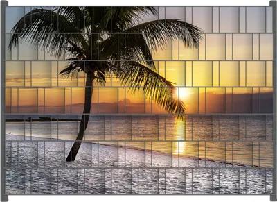 Produktbild von Wallario Zaunsichtschutz mit Motiv Palme am Strand - Sonnenuntergang über dem Meer für Ein- und Doppelstabmatten Zäune in der Größe 200 x 140 cm