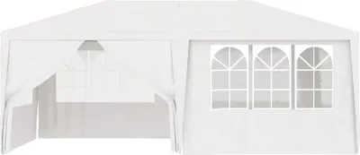 A white party tent with side walls and arched windows.