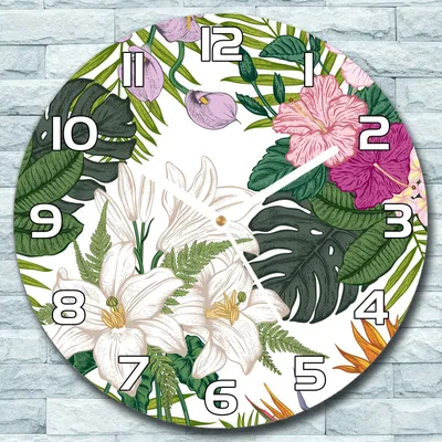 Produktbild von Wanduhr aus Glas Rund fi 30 Exotische Blumen Quarz Deko Wohnzimmer Büro