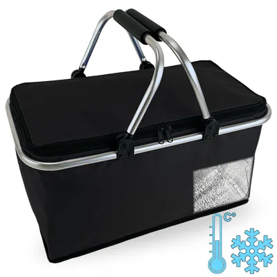 A black insulated shopping basket with silver handles and a reflective interior.