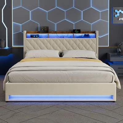 Produktbild von okwish Polsterbett 180×200 Doppelbett mit USB,Stauraum-Kopfteil und LED,Stauraumbett,Jugendbett mit Bettkasten,Beige,ohne Matratze