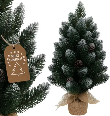 Produktbild von Mini Weihnachtsbaum 30 cm – Künstlicher Tannenbaum mit Schnee & Zapfen – Weihnachtsdeko mit Zementfuß & Jutesack – Ideal für Tisch & Büro