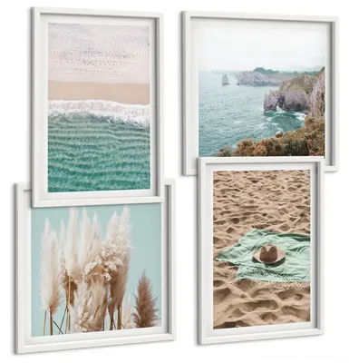 Produktbild von Bilder Set 4-teilig im weißen Rahmen – Wandbilder 4 Stück – gerahmte Poster für Wohnzimmer, Schlafzimmer und Flur – 50x50 cm - 40x60 cm – Strandwellen Grashut