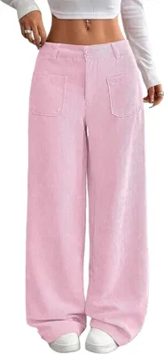 Image de Pantalon en velours côtelé pour femme ASKSA, taille haute, coupe large, pantalon décontracté, pantalon élégant et confortable avec poches (rose, XL)