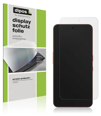 A product shot showing packaging for a screen protector and the screen protector itself applied to a phone.