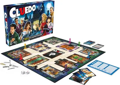 A Cluedo board game set, including the box, board, playing pieces, dice, and cards, displayed on a white background.