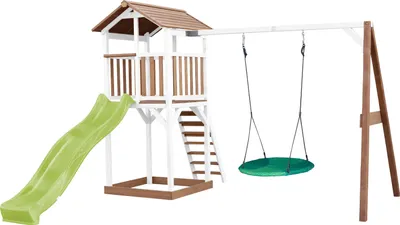 Produktbild von AXI Beach Tower Spielturm aus Holz in Braun & Weiß | Spielhaus für Kinder mit hellgrüner Rutsche, Nestschaukel und Sandkasten | Stelzenhaus für den Garten