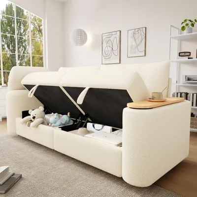 Produktbild von STILVORA Teddyplüsch Sofa 207,5x80x87cm 3-Sitzer Modular mit Stauraum, Schlafcouch Mit Kopfstütze & Beistelltisch, Relaxsofa Für Wohnzimmer & Gästezimmer Beige