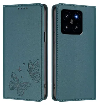 Obrázek produktu pro Kožené pouzdro pro Xiaomi 14, motýlí ražbou, peněženkové flip pouzdro se stojánkem Zelená