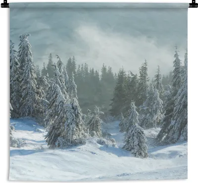 Produktbild von MuchoWow® Wandteppich Wandbehang Wald - Schnee - Winter 60x60 cm Tapisserie Dekoration Wandtuch - Dekorationen - Wand Decke