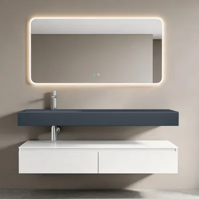 Image de doporro Meuble de Salle de Bain Blanc Mat Ensemble de 3 Pièces Meuble avec Lavabo 150cm et LED Miroir Design Up avec 2 Grands Tiroirs