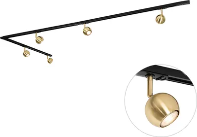 Produktbild von QAZQA - Modern Modernes 1-Phasen-Schienensystem I Spotlight I Deckenspot I Deckenstrahler I Strahler 5-flammig schwarz mit Gold I Messing - Gissi I Wohnzimmer I Schlafzimmer - Stahl Länglich - LED gee