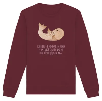 Produktbild von Mr. & Mrs. Panda Bio Pullover Robbe Liegen Größe XS - Burgundy - Geschenk, Ostsee, Sweater, Sweatshirt, Seehund, Pulli, Strand, Lustige Sprüche, Nordsee, Baumwoll, Freude