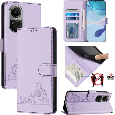 Obrázek produktu pro Kožené pouzdro pro Oppo Reno10 /Reno10 Pro, sladká kočka Flip pouzdro s funkcí stojánku a peněženkou Fialová