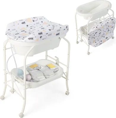 Produktbild von DREAMADE 2 in 1 Wickeltisch & Badewanne mit Gestell, Wickeltisch Klappbar, Wickelkommode auf Rollen mit Bremsen, Badestation Baby ab Geburt bis 15 kg (Weiß)