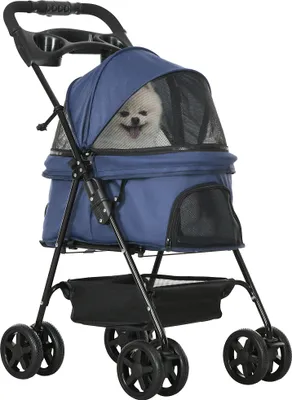 Image de PawHut Poussette buggy pliable chien chat panier rangement porte-gobelets tissu 300D Oxford imperméable 4 roues bleu foncé
