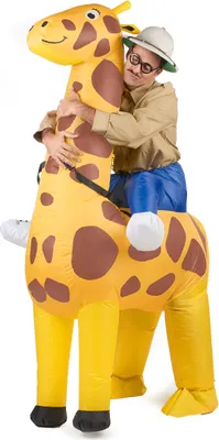 A person wearing a safari hat and glasses is riding on an inflatable giraffe costume.