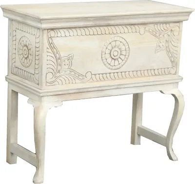 Produktbild von Orientalische Konsole Sideboard Truhe Davud 90cm Weiß | Orient Vintage Konsolentisch orientalisch handgeschnitzt | Landhaus Anrichte aus Holz massiv | Asiatische Deko Möbel aus Indien